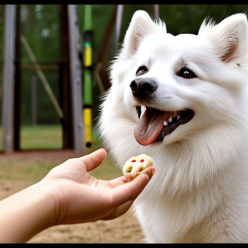 Home 15 **
A happy American Eskimo dog receiving a treat during training. The owner is smiling and praising the dog. The scene is bright and positive, demonstrating positive reinforcement techniques.
**