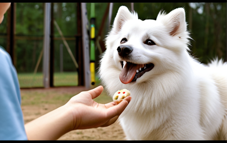 **

A happy American Eskimo dog receiving a treat during training. The owner is smiling and praising the dog. The scene is bright and positive, demonstrating positive reinforcement techniques.

**