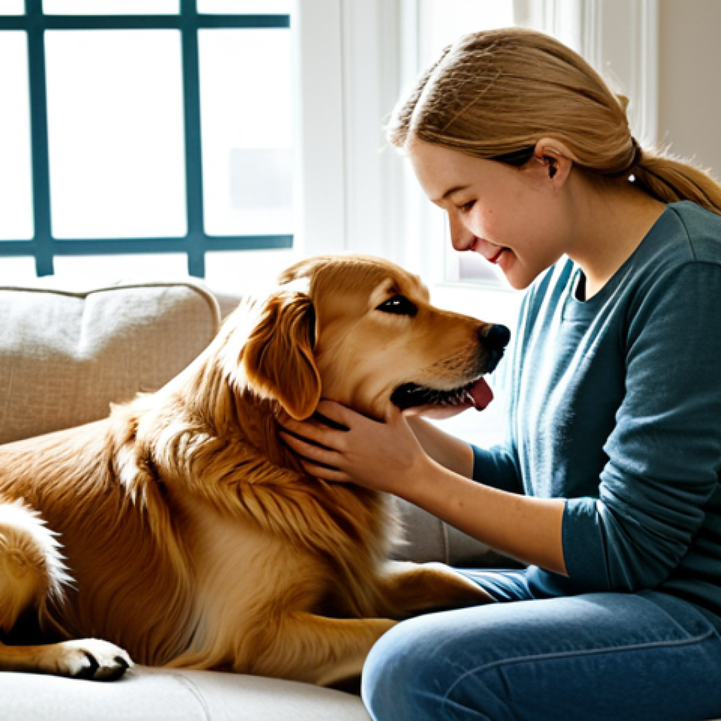 A person with a kind expression, wearing modest casual attire, gently petting a loyal Golden Retriever dog as it rests its head on their lap in a warm, cozy living room. Soft natural light streams through a window, illuminating the scene. The atmosphere is peaceful and comforting, highlighting the deep emotional bond between human and animal. fully clothed, appropriate attire, safe for work, appropriate content, perfect anatomy, natural pose, correct proportions, well-formed hands, proper finger count, natural body proportions, family-friendly, professional photography, high quality, highly detailed.
