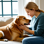 A person with a kind expression, wearing modest casual attire, gently petting a loyal Golden Retriever dog as it rests its head on their lap in a warm, cozy living room. Soft natural light streams through a window, illuminating the scene. The atmosphere is peaceful and comforting, highlighting the deep emotional bond between human and animal. fully clothed, appropriate attire, safe for work, appropriate content, perfect anatomy, natural pose, correct proportions, well-formed hands, proper finger count, natural body proportions, family-friendly, professional photography, high quality, highly detailed.