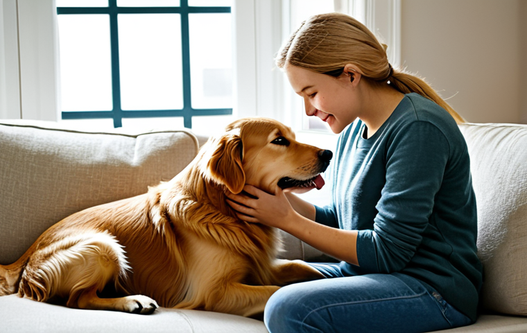 A person with a kind expression, wearing modest casual attire, gently petting a loyal Golden Retriever dog as it rests its head on their lap in a warm, cozy living room. Soft natural light streams through a window, illuminating the scene. The atmosphere is peaceful and comforting, highlighting the deep emotional bond between human and animal. fully clothed, appropriate attire, safe for work, appropriate content, perfect anatomy, natural pose, correct proportions, well-formed hands, proper finger count, natural body proportions, family-friendly, professional photography, high quality, highly detailed.