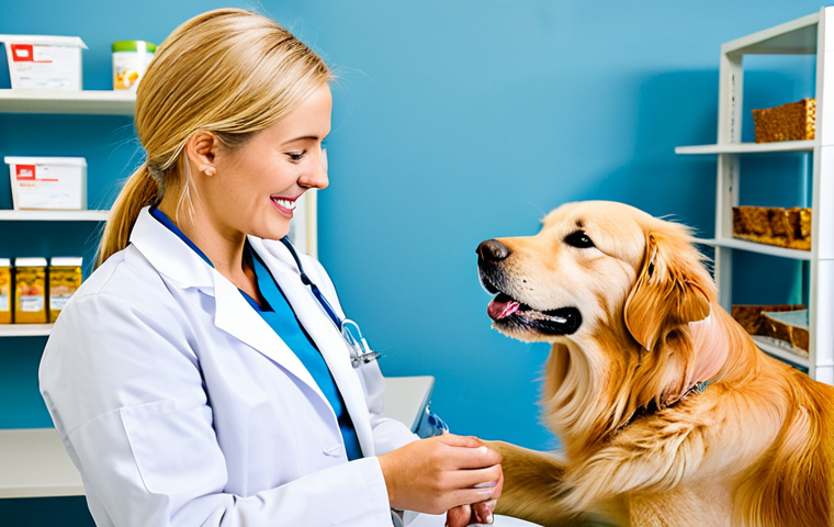강아지의 소화 문제 해결 - **

"A veterinarian, wearing professional attire, is gently examining a fully clothed, happy Golden ...