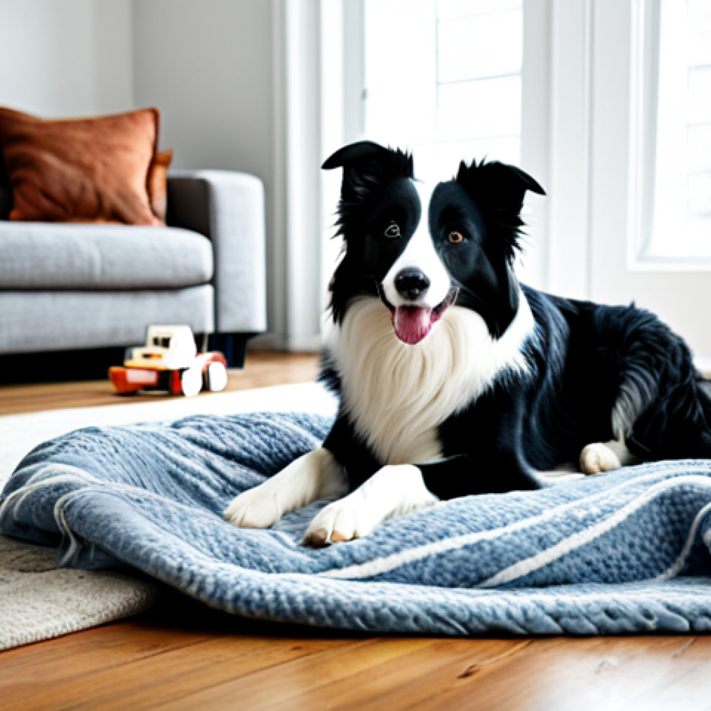 보더콜리 인내심 훈련 - **Prompt:** A Border Collie calmly sitting in a cozy, well-lit living room with soft blankets and to...