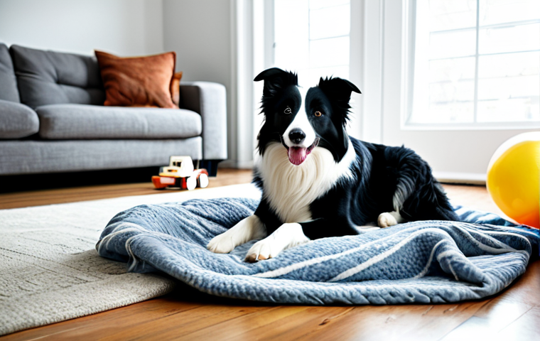 보더콜리 인내심 훈련 - **Prompt:** A Border Collie calmly sitting in a cozy, well-lit living room with soft blankets and to...