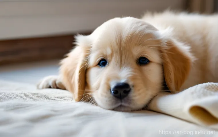 강아지 종류별 성장 속도 - **Prompt: "A tiny, fluffy Golden Retriever puppy, no larger than a human hand, curled up peacefully ...