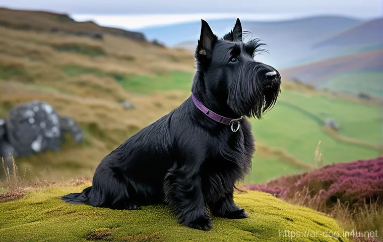 스코티시 테리어의 유래 - **Prompt 1: Highland Explorer**
    "A regal Scottish Terrier, boasting a glossy black wiry coat, st...