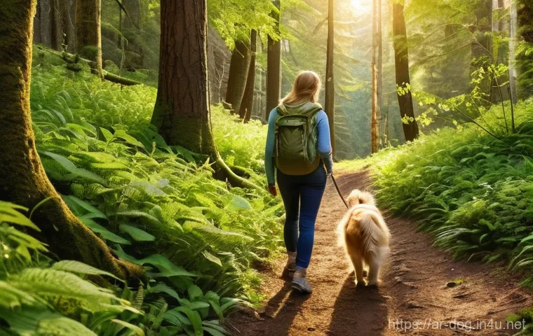 강아지와 함께 즐기는 활동 - **A serene nature walk with a dog:**
    "A heartwarming, highly detailed photograph of a person (ge...