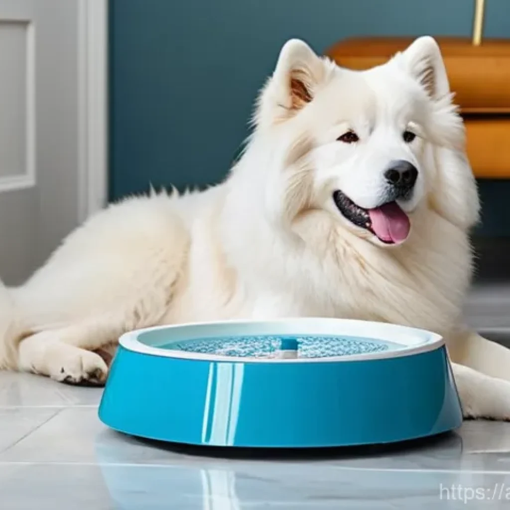 강아지 여름철 더위 예방 - **Prompt:** A medium-sized, fluffy dog, perhaps a Samoyed or a Golden Retriever, lying relaxed on a ...