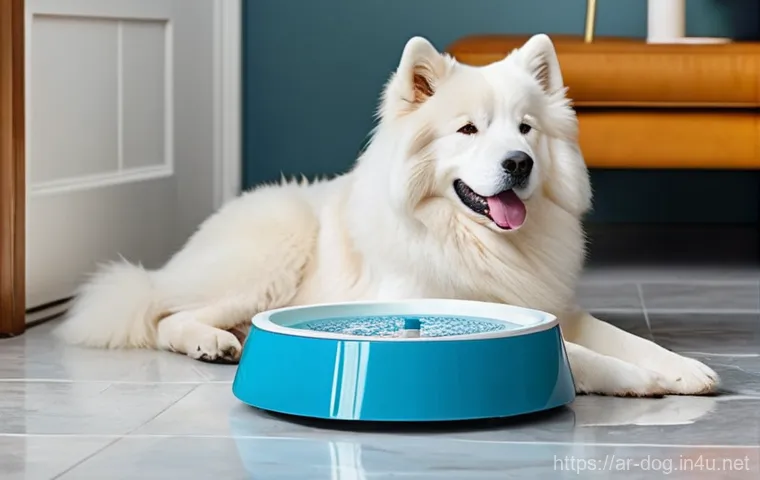 강아지 여름철 더위 예방 - **Prompt:** A medium-sized, fluffy dog, perhaps a Samoyed or a Golden Retriever, lying relaxed on a ...