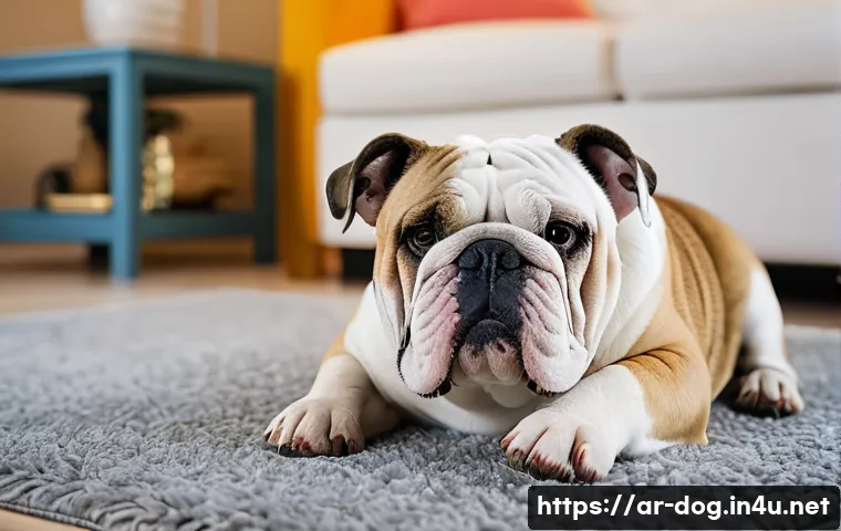 불독의 건강 문제 - **Prompt:** "A happy and healthy Bulldog relaxing indoors in a cool, comfortable living room. The ro...