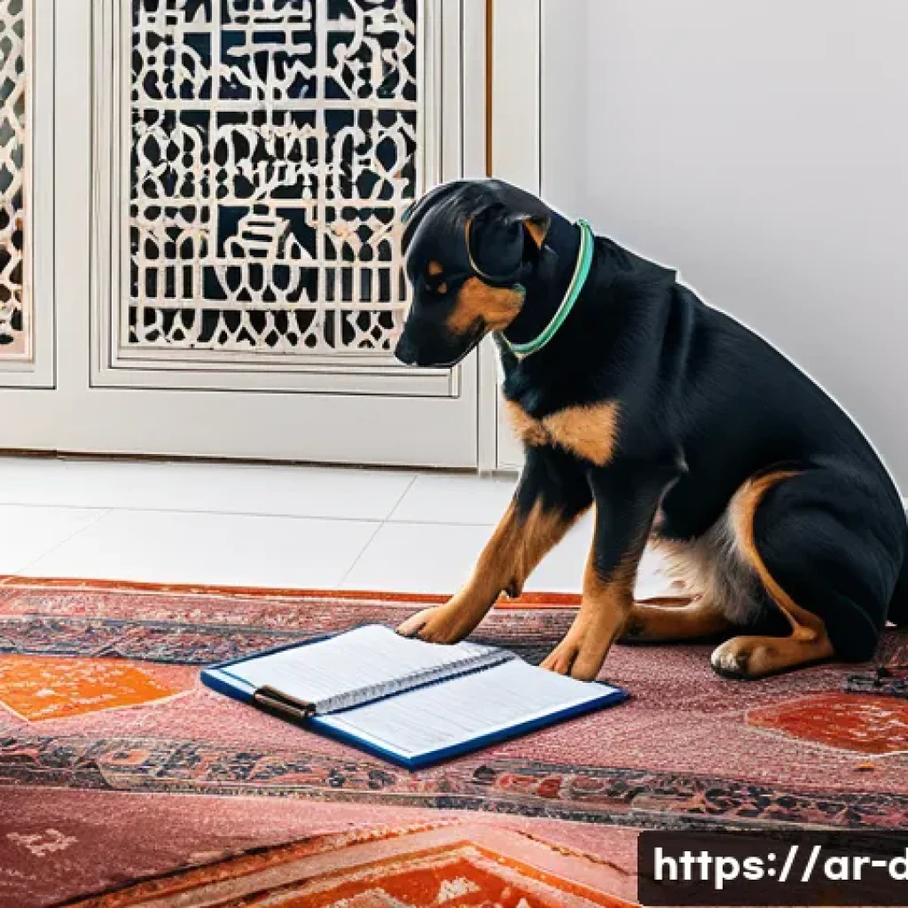 강아지 교배 준비 - A detailed scene showing an Arab dog breeder carefully monitoring a female dog in heat in a traditio...