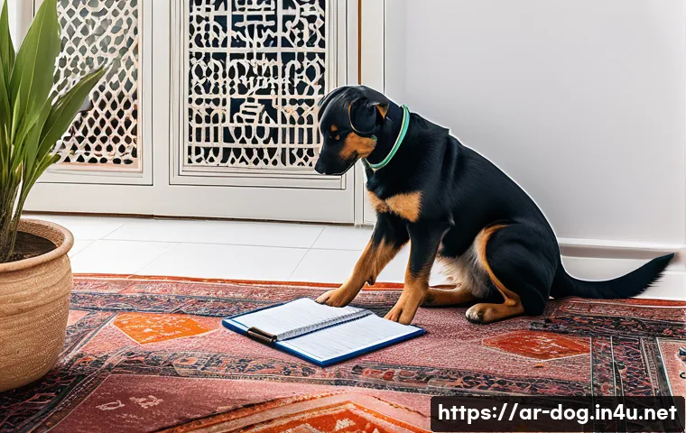 강아지 교배 준비 - A detailed scene showing an Arab dog breeder carefully monitoring a female dog in heat in a traditio...