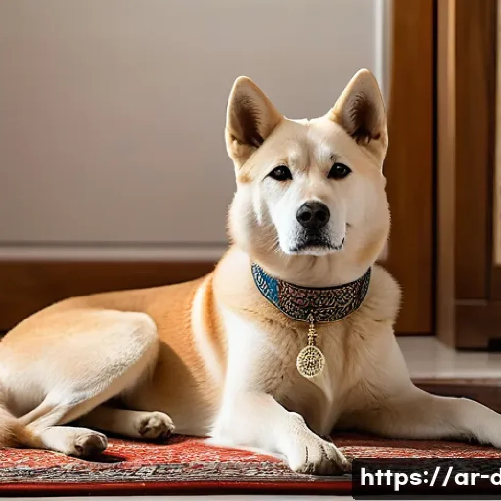 진돗개의 독립성 - A detailed portrait of a Jindo dog in a traditional Middle Eastern home setting, showing the dog sit...