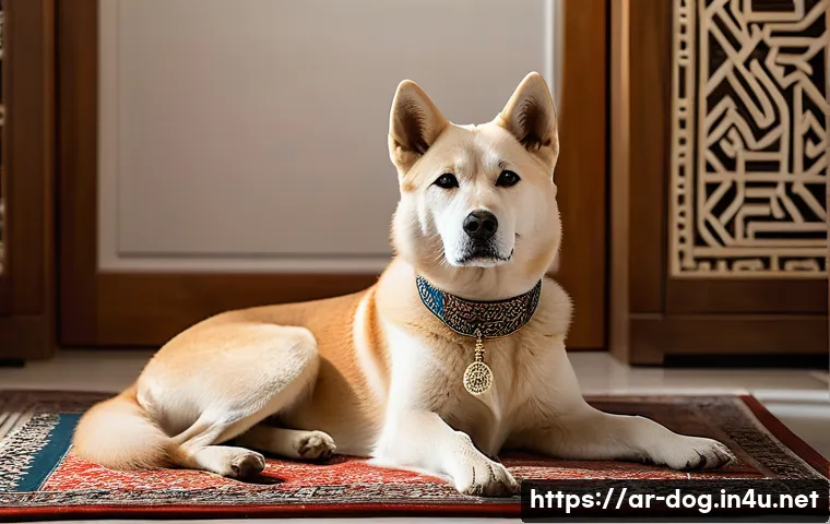 진돗개의 독립성 - A detailed portrait of a Jindo dog in a traditional Middle Eastern home setting, showing the dog sit...