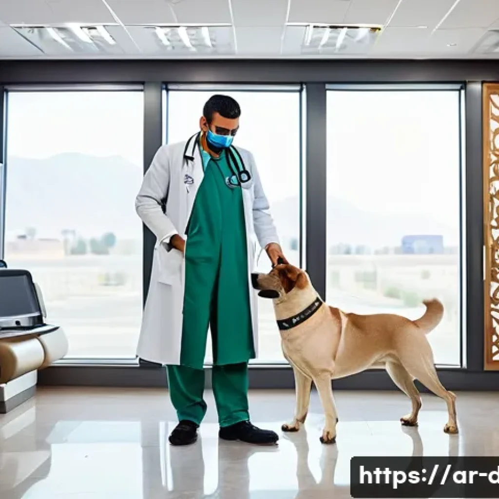 강아지 건강검진 추천 - A clean, modern veterinary clinic interior in a Middle Eastern setting, with Arabic calligraphy wall...