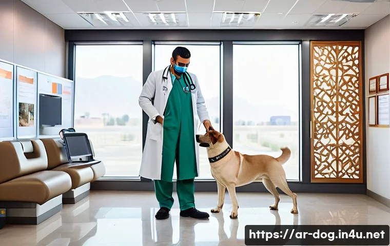 강아지 건강검진 추천 - A clean, modern veterinary clinic interior in a Middle Eastern setting, with Arabic calligraphy wall...