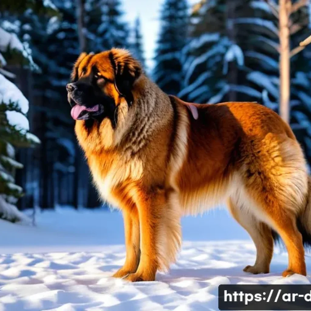 레온베르거와 뉴펀들랜드 비교 - A majestic Leonberger dog standing proudly in a snowy forest clearing during golden hour, showcasing...