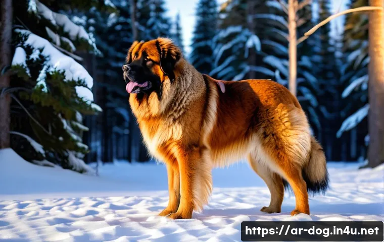 레온베르거와 뉴펀들랜드 비교 - A majestic Leonberger dog standing proudly in a snowy forest clearing during golden hour, showcasing...