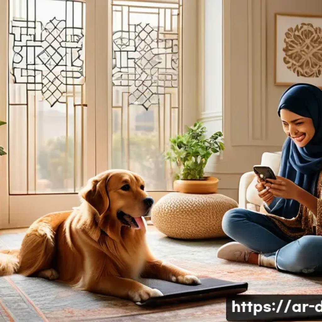 강아지 SNS 스타 팔로우 - A warm and inviting social media scene featuring an Arabic family engaging with their playful Golden...