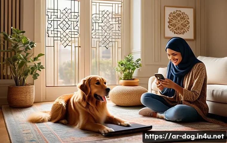 강아지 SNS 스타 팔로우 - A warm and inviting social media scene featuring an Arabic family engaging with their playful Golden...
