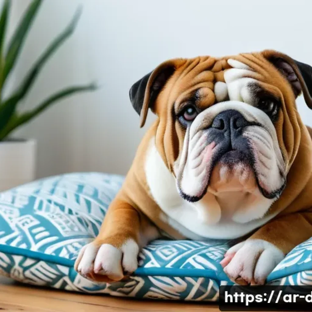 잉글리쉬 불독 수명 - A muscular English Bulldog wearing a comfortable, well-fitted dog harness, resting peacefully on a s...