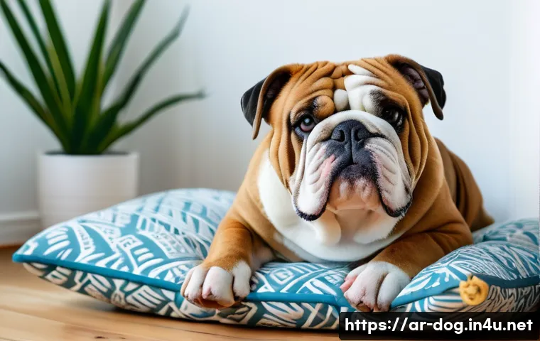 잉글리쉬 불독 수명 - A muscular English Bulldog wearing a comfortable, well-fitted dog harness, resting peacefully on a s...