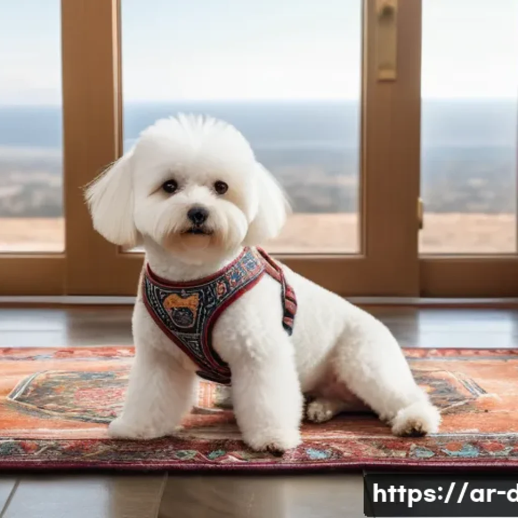 비숑프리제 알러지 유발 가능성 - A fluffy Bichon Frise dog wearing a clean, stylish dog harness, sitting indoors on a traditional Mid...