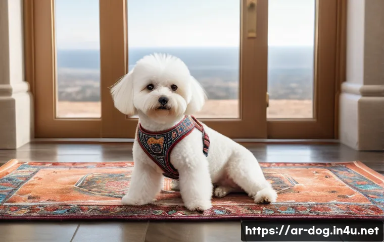 비숑프리제 알러지 유발 가능성 - A fluffy Bichon Frise dog wearing a clean, stylish dog harness, sitting indoors on a traditional Mid...