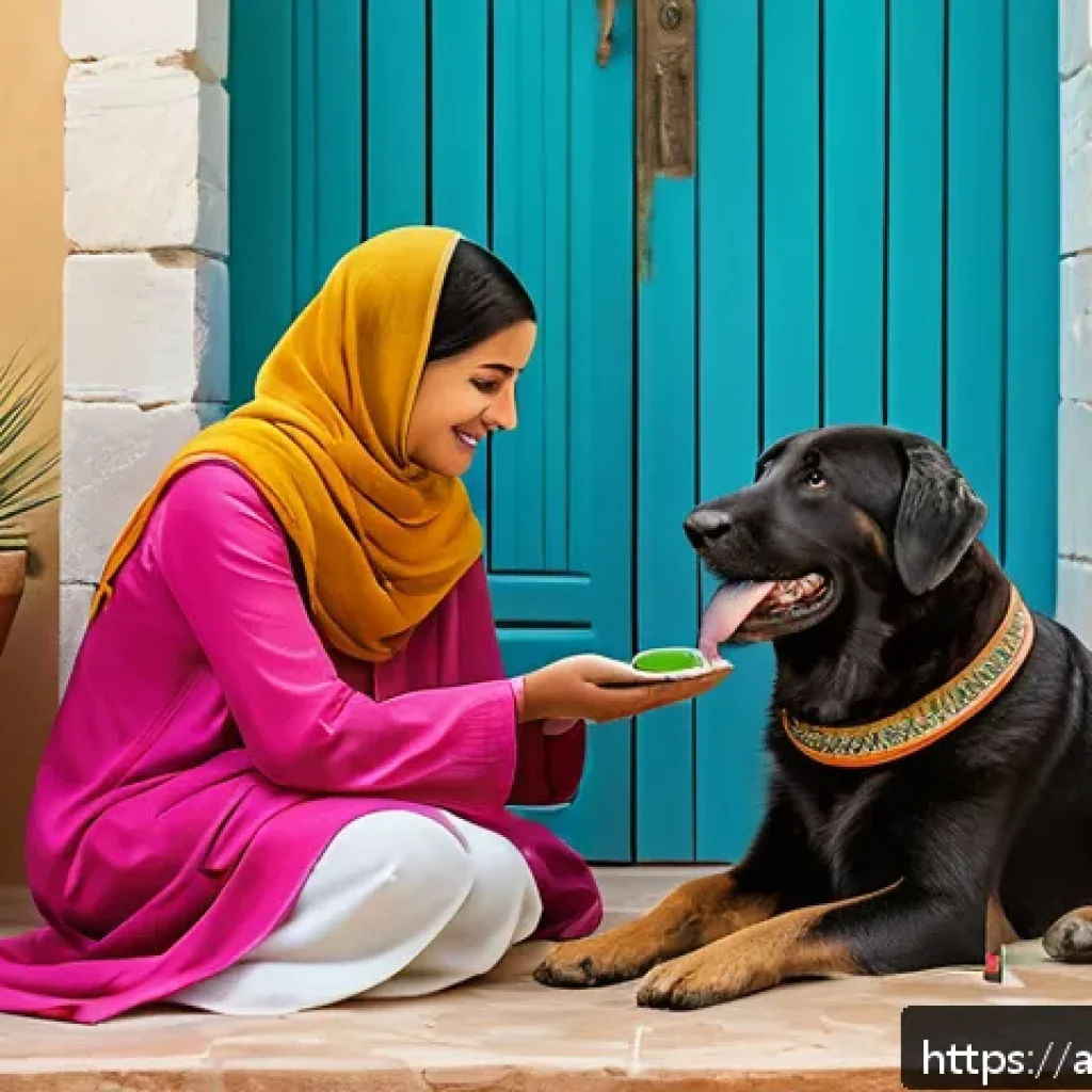 강아지 구충제 종류 - A detailed and warm scene of a Middle Eastern family caring for a medium-sized dog wearing a colorfu...