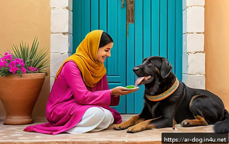 강아지 구충제 종류 - A detailed and warm scene of a Middle Eastern family caring for a medium-sized dog wearing a colorfu...