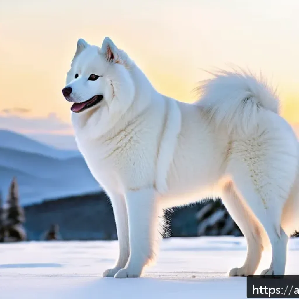 사모예드와 시베리안 허스키 차이 - A majestic Samoyed dog standing proudly in a snowy landscape typical of cold northern regions, showc...