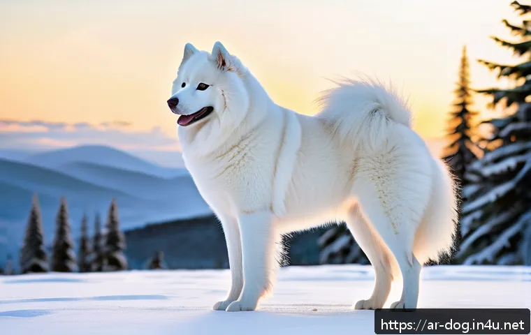사모예드와 시베리안 허스키 차이 - A majestic Samoyed dog standing proudly in a snowy landscape typical of cold northern regions, showc...