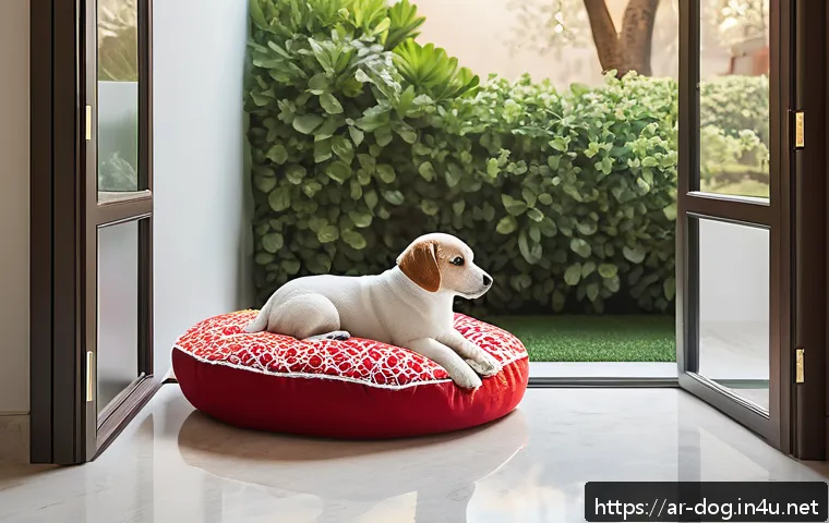 강아지 첫 만남 준비 - A cozy, sunlit corner inside a modern Arab household designed specifically for a new puppy, featurin...