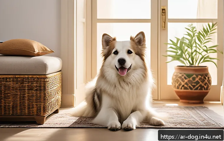 비숑프리제와 푸들 믹스 - A fluffy dog with thick, cloud-like soft fur, sitting happily in a bright, airy Arabic home with tra...