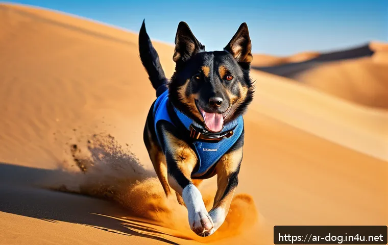 강아지 이름 인기 순위 - A lively and energetic medium-sized dog with sleek dark fur, wearing a stylish collar, captured mid-...