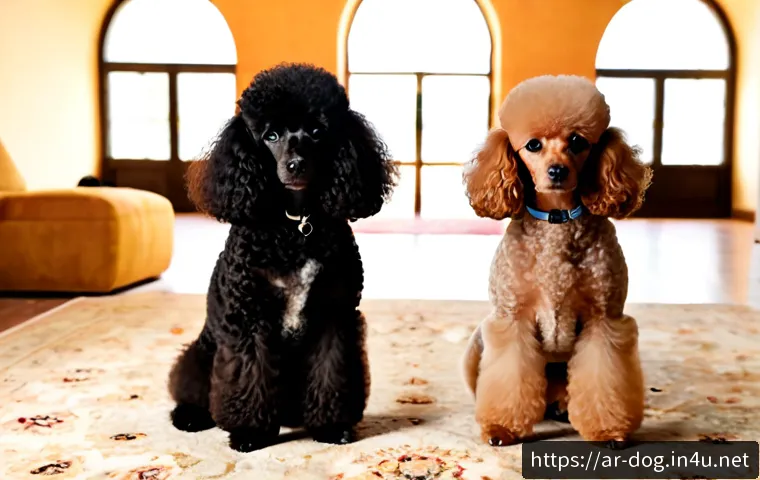 푸들 종류별 크기 비교 - Photorealistic size comparison of three well-groomed poodles standing side by side in a bright elega...