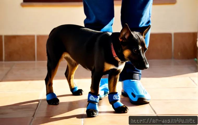 강아지 신발 선택법 - Photorealistic close-up of a small dog wearing properly fitted protective booties on all four paws, ...