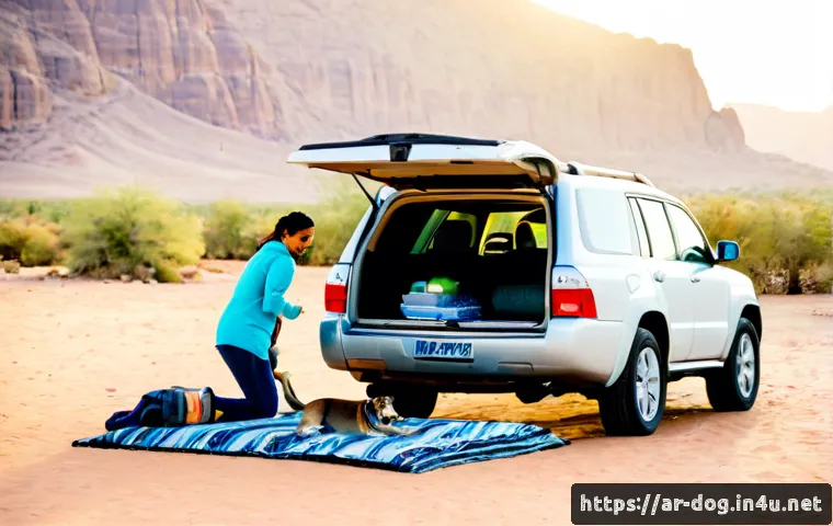 강아지와 함께하는 차박 - Photorealistic golden-hour car camping scene in a quiet desert valley, a happy family in modest casu...